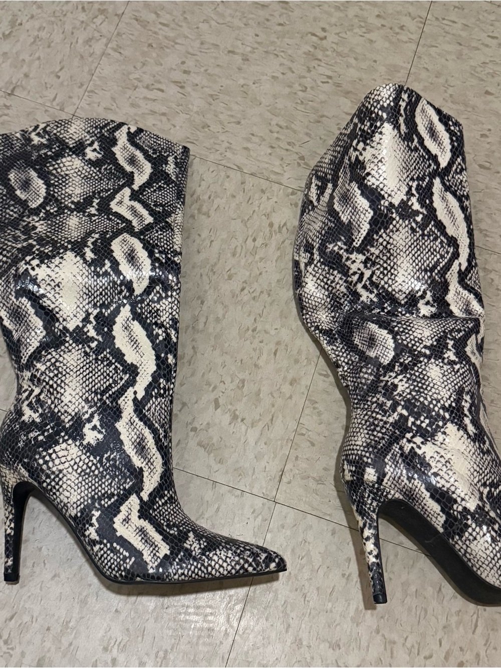 JustFab Black & White Snake-Print Pointed Stiletto Mid-Calf Boots